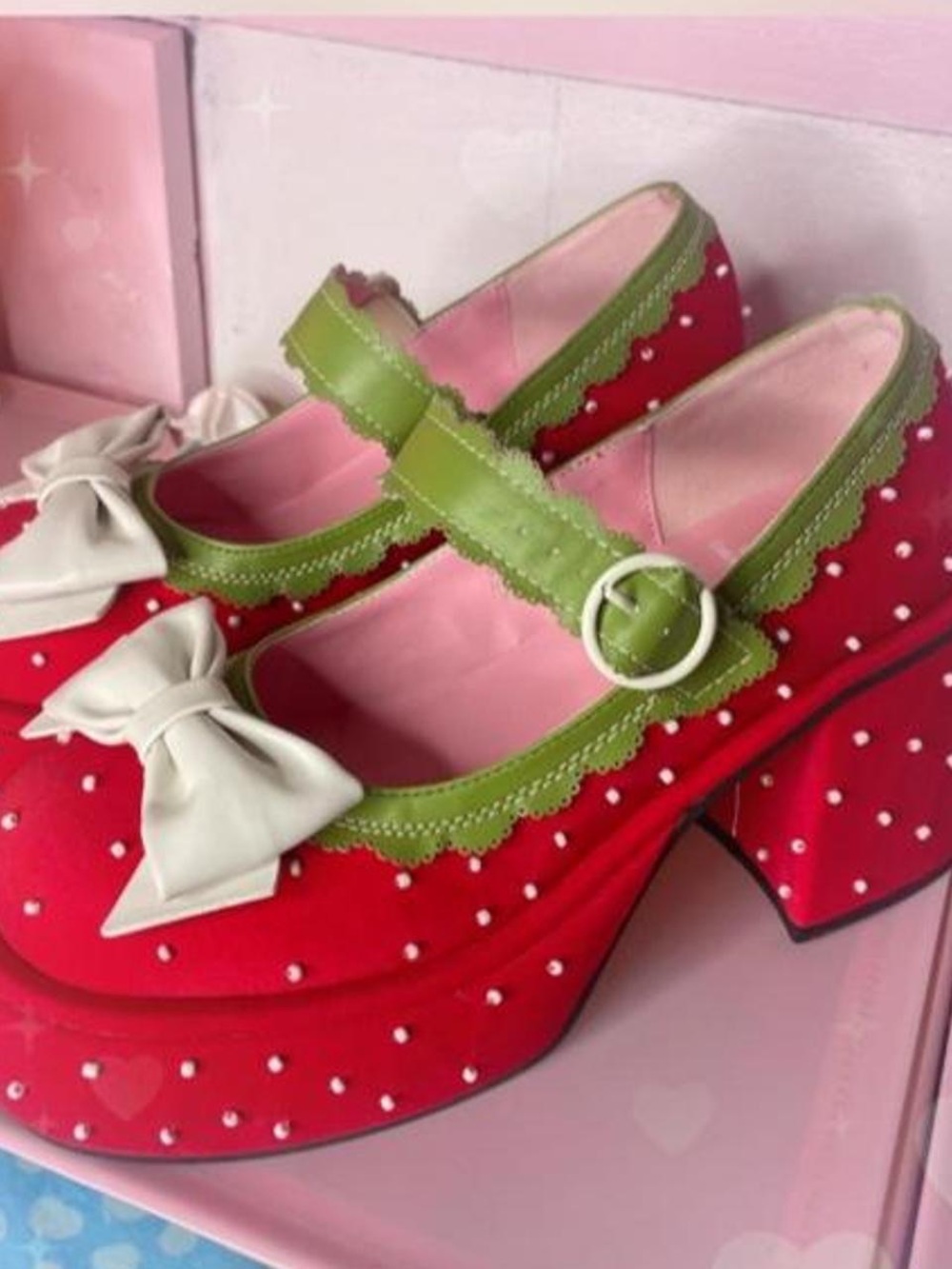 Dolls Kill Red Polka Mary Janes with Green Trim and White Bow
